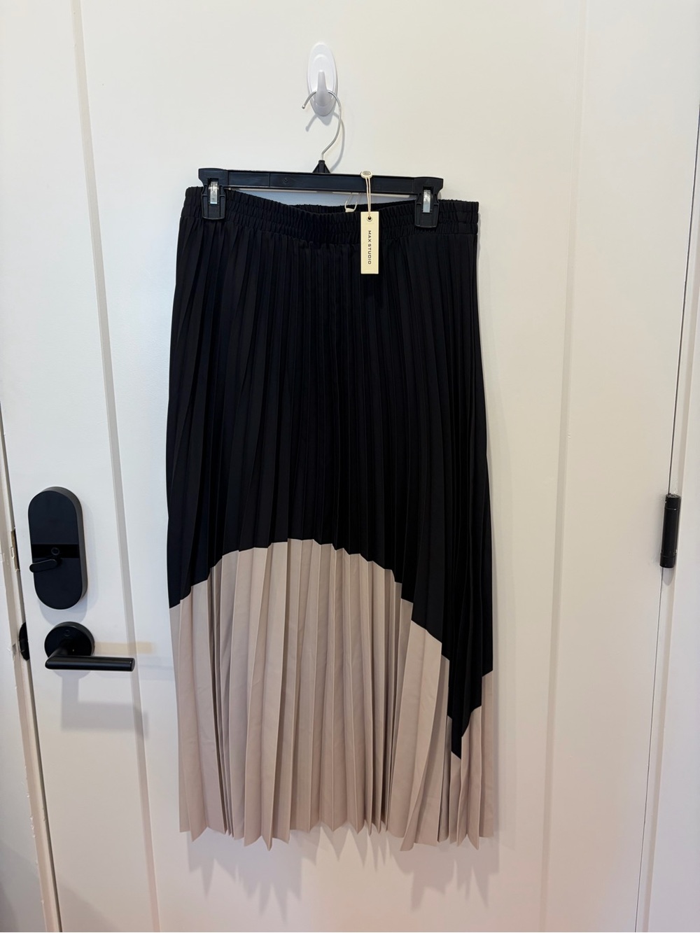 Max Studio Two-Tone Pleated Midi Skirt in Black & Beige